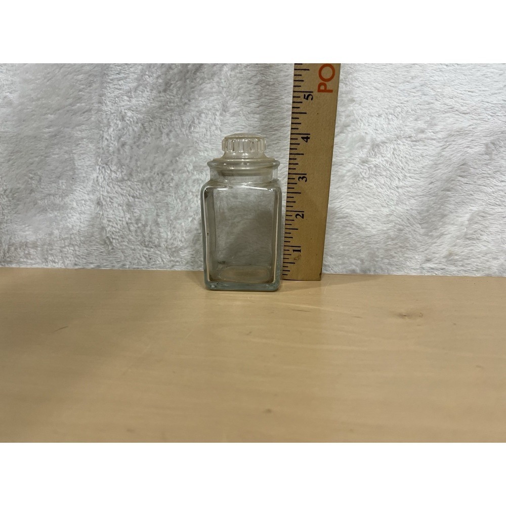 Vintage Square Clear Glass Apothecary Jar Bottle w/ Glass Stopper ~4.25"